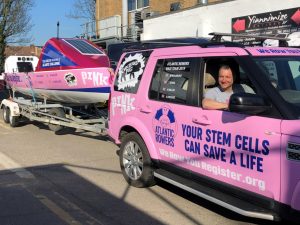 Team Margot Foundation founder Yaser Martini with the Team Margot Atlantic Rowers’ car and boat, which will be going 3,000 miles across the Atlantic to help drive blood stem cell register sign-ups